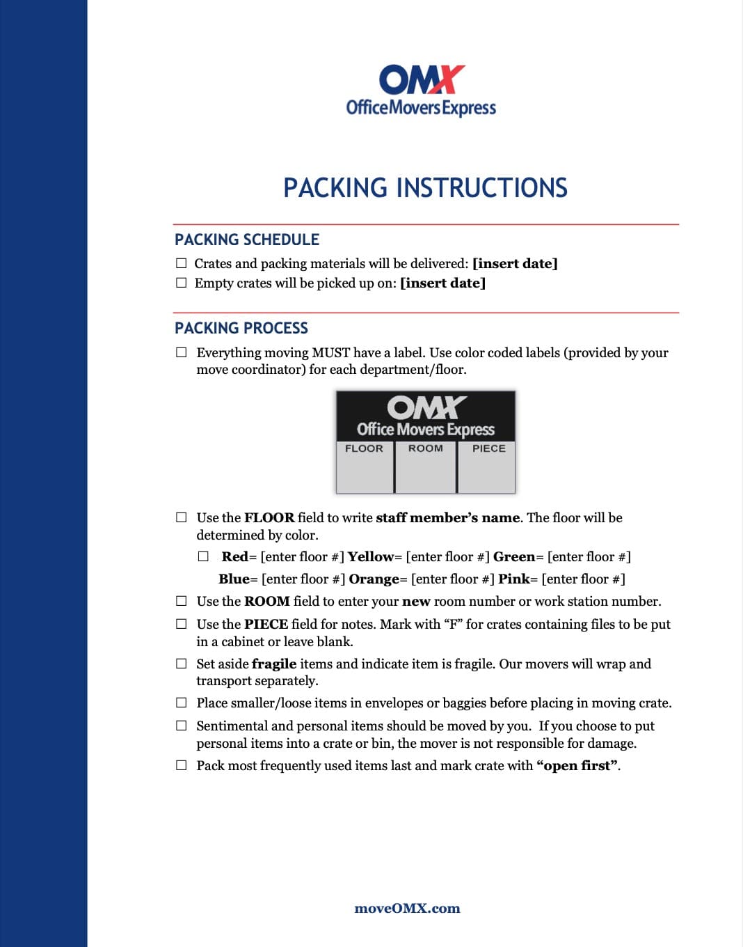 Packing instructions screenshot