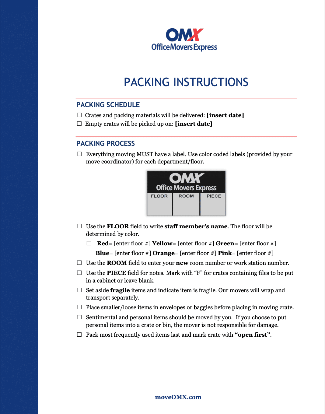 Packing instructions screenshot